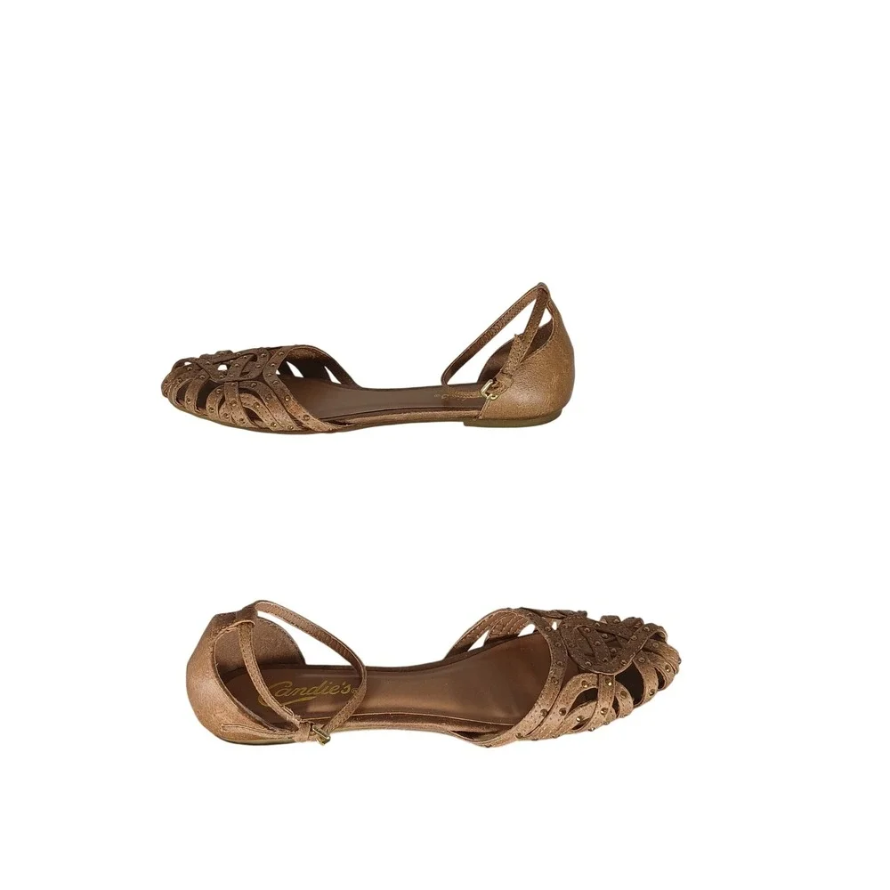 Candies‎ Huarache Flat Sandals 8 Tan Studded Caged Ankle Strap Boho Casual